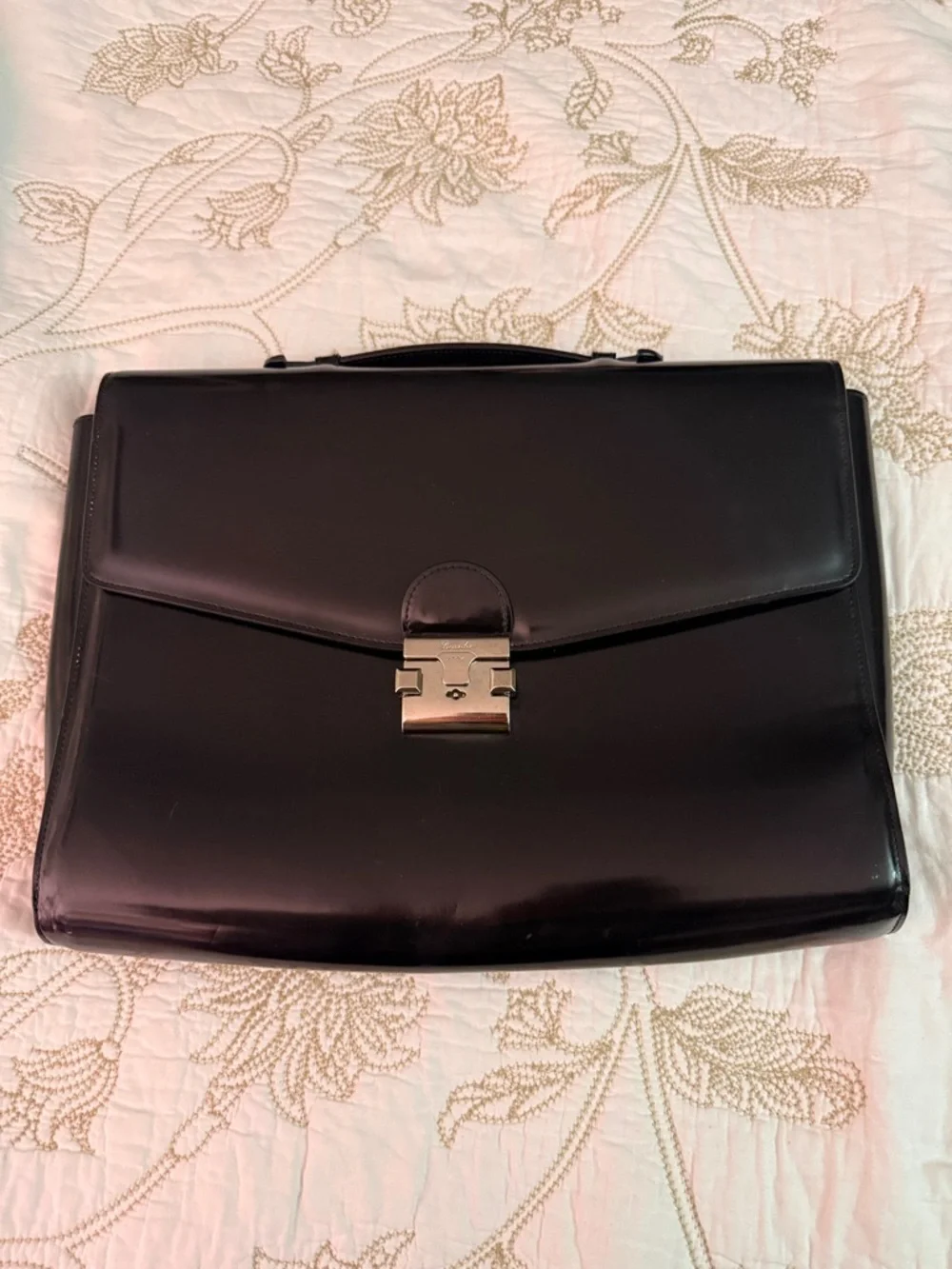 Penieder Black Leather Men's Briefcase with Silver Hardware